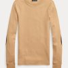 Beige Ralph Lauren Damen T-Shirts mit geripptem Wildlederbesatz und langen Ärmeln