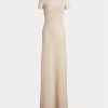 Beiges, kurzärmliges Abendkleid aus Netzstoff von Ralph Lauren für Damen