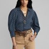 Blaue Blusenhemden aus Baumwollvoile mit Blumenmuster von Ralph Lauren für Damen