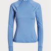Blaue Damen Ralph Lauren Logo Jersey Langarm Mockneck T Shirts