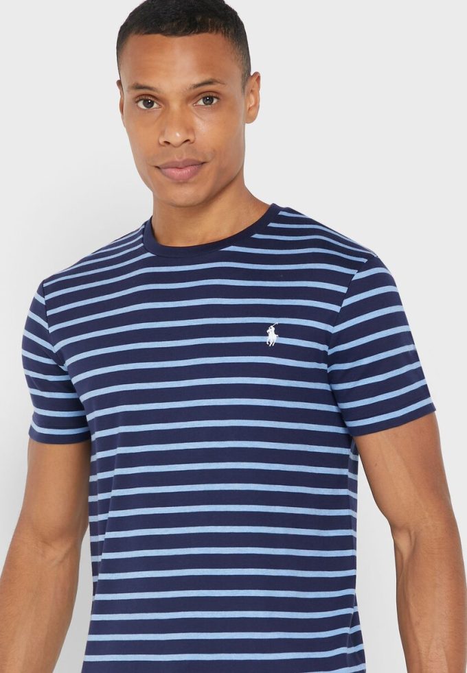 Blaue Herren Ralph Lauren gestreifte Rundhals-T-Shirts