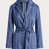 Blaue Ralph Lauren Blazer aus Leinen-Baumwolle mit Streifen und Gürtel für Damen