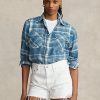 Blaue Ralph Lauren Karierte High-Low-Hemden aus Baumwolltwill für Damen
