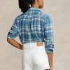 Blaue Ralph Lauren Karierte High-Low-Hemden aus Baumwolltwill für Damen