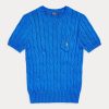 Blaue Ralph Lauren Kurzarmpullover aus Baumwolle mit Zopfmuster für Damen