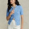 Blaue Ralph Lauren Kurzarmpullover mit Zopfmuster für Damen