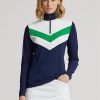 Blaue Ralph Lauren Pullover mit Chevron-Streifen und Viertelreißverschluss für Damen