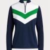 Blaue Ralph Lauren Pullover mit Chevron-Streifen und Viertelreißverschluss für Damen