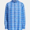 Blaue Ralph Lauren Relaxed Fit Karierte Leinenhemden für Damen