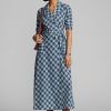 Blaues Wickelkleid aus kariertem Baumwollvoile von Ralph Lauren für Damen