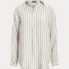 Braun / Weiß Damen Ralph Lauren Relaxed Fit Gestreifte Leinenhemden