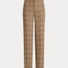 Braune, gerade geschnittene Hose aus Woll-Leinen-Tweed mit Karomuster von Ralph Lauren für Damen