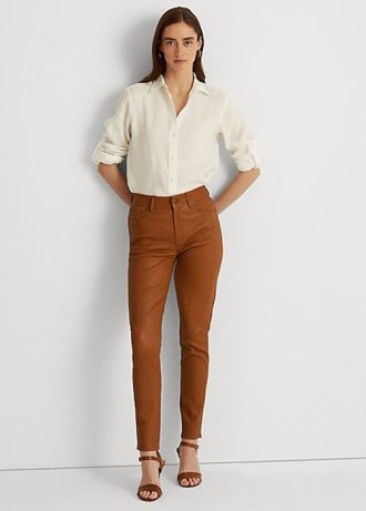 Braune, hochgeschnittene Skinny-Knöchelhose aus Leder von Ralph Lauren für Damen