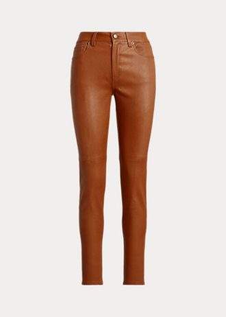 Braune, hochgeschnittene Skinny-Knöchelhose aus Leder von Ralph Lauren für Damen