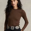 Braune Langarm-T-Shirts mit geripptem Wildlederbesatz von Ralph Lauren für Damen