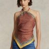 Braune Neckholder-Tops aus Maulbeerseide mit Schalmotiv für Damen von Ralph Lauren