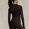Braune Poloshirts aus Jersey mit langem Arm und Stehkragen für Damen von Ralph Lauren
