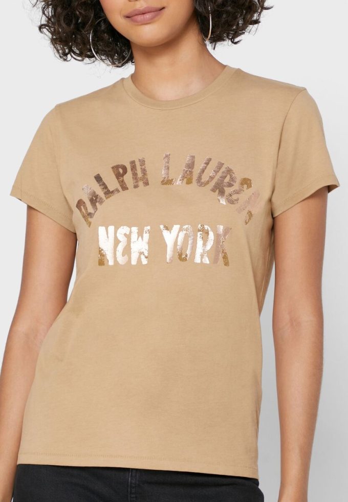 Braune Poloshirts mit Rundhalsausschnitt und Logo für Damen von Ralph Lauren