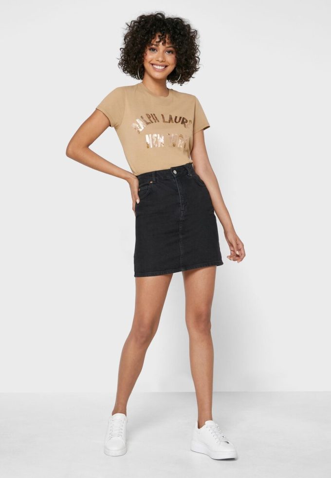 Braune Poloshirts mit Rundhalsausschnitt und Logo für Damen von Ralph Lauren