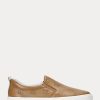 Braune Slip-On-Sneakers aus Leder mit Ralph Lauren Haddley-Logo für Damen
