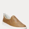 Braune Slip-On-Sneakers aus Leder mit Ralph Lauren Haddley-Logo für Damen