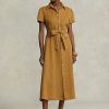 Braunes Ralph Lauren Leinen-Kurzkleid mit Gürtel für Damen