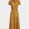 Braunes Ralph Lauren Leinenkleid mit Gürtel und kurzen Ärmeln für Damen