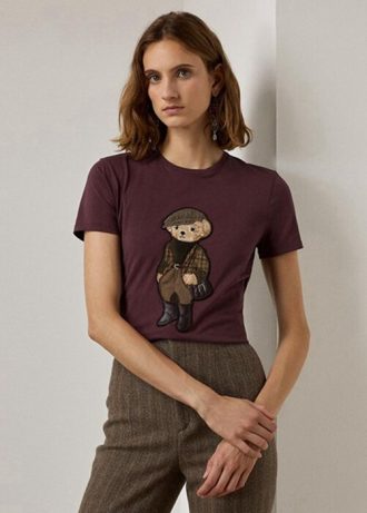 Burgunderrote Ralph Lauren Tweed Bear Baumwoll-T-Shirts für Damen