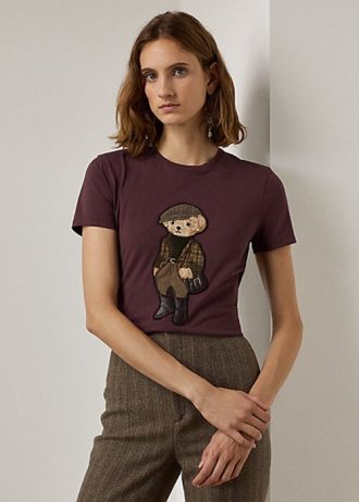 Burgunderrote T-Shirts aus Baumwolle mit Polo Bear-Print für Damen von Ralph Lauren