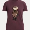 Burgunderrote T-Shirts aus Baumwolle mit Polo Bear-Print für Damen von Ralph Lauren