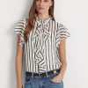 Creme / Marineblau Damen Ralph Lauren gestreifte Chiffonblusen mit Rüschenbesatz