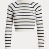 Creme / Marineblau gestreifte, kurze Pullover mit Stehkragen von Ralph Lauren für Damen