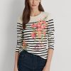 Creme / Marineblaue Langarm-T-Shirts aus Jersey mit Blumenmuster und Streifen von Ralph Lauren für Damen