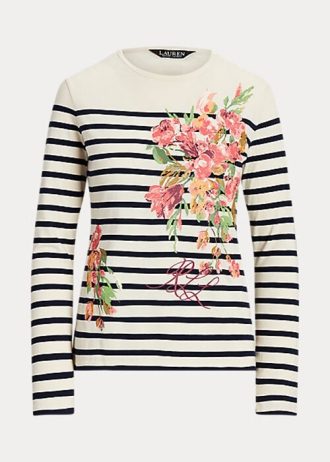 Creme / Marineblaue Langarm-T-Shirts aus Jersey mit Blumenmuster und Streifen von Ralph Lauren für Damen