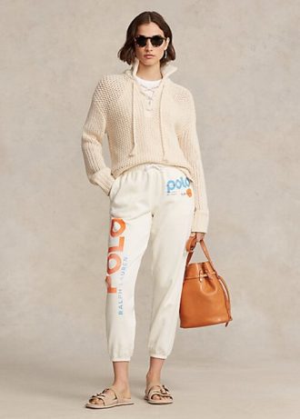 Cremefarbene Fleece-Jogginghose mit Ralph Lauren-Logo und Wellengrafik für Damen