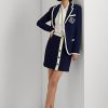 Cremefarbene/marineblaue zweifarbige Krepp-Bleistiftröcke von Ralph Lauren für Damen mit Knopfleiste