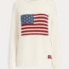 Cremefarbene Polo Ralph Lauren Flag Kaschmirpullover mit Rundhalsausschnitt für Damen