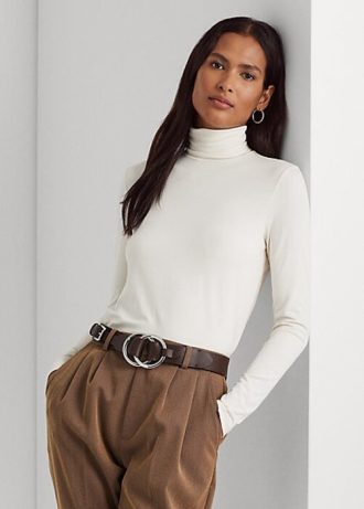 Cremefarbene Poloshirts aus Jersey für Damen von Ralph Lauren mit Rollkragen