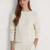 Cremefarbene Ralph Lauren Aran-Strickpullover aus Baumwolle mit U-Boot-Ausschnitt für Damen