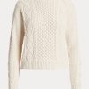 Cremefarbene Ralph Lauren Aran-Strickpullover aus Baumwolle mit U-Boot-Ausschnitt für Damen