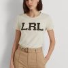 Cremefarbene Ralph Lauren Jersey-T-Shirts mit Perlen-Logo für Damen