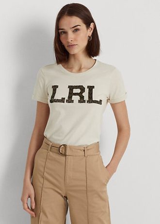 Cremefarbene Ralph Lauren Jersey-T-Shirts mit Perlen-Logo für Damen