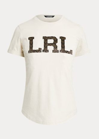 Cremefarbene Ralph Lauren Jersey-T-Shirts mit Perlen-Logo für Damen