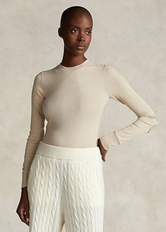 Cremefarbene Ralph Lauren Langarm-T-Shirts mit geripptem Wildlederbesatz für Damen