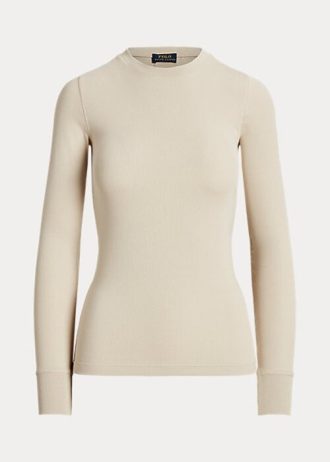 Cremefarbene Ralph Lauren Langarm-T-Shirts mit geripptem Wildlederbesatz für Damen
