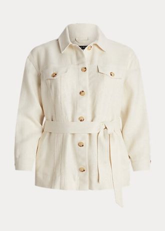 Cremefarbene Ralph Lauren Leinenjacken mit Gürtel und Fischgrätenmuster für Damen