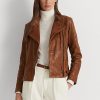 Dunkelbraune Ralph Lauren Leder-Motorradjacken für Damen