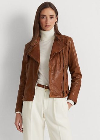 Dunkelbraune Ralph Lauren Leder-Motorradjacken für Damen