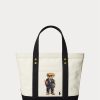 Ecru/Schwarze Ralph Lauren Canvas-Tragetaschen mit kleinem Polo Bear für Damen