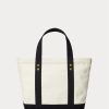 Ecru/Schwarze Ralph Lauren Canvas-Tragetaschen mit kleinem Polo Bear für Damen